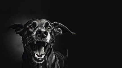 An aggressive dog barks on a black background