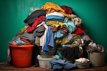 Messy laundry beside washing machine - underlining the significance of tidiness in household chores
