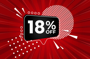 18% off. Red banner with 18 percent discount on a black balloon for mega big sales. 18% sale