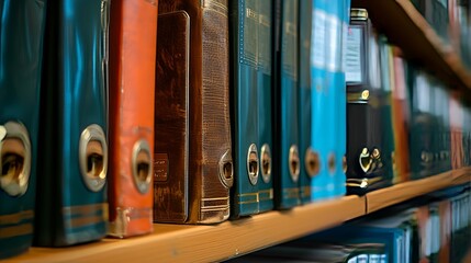 Colorful office binders neatly arranged on a shelf