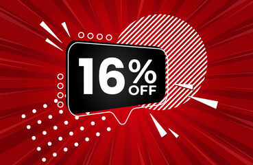 16% off. Red banner with 16 percent discount on a black balloon for mega big sales. 16% sale
