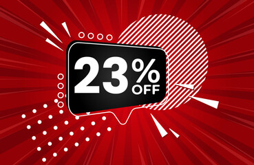 23% off. Red banner with 23 percent discount on a black balloon for mega big sales. 23% sale