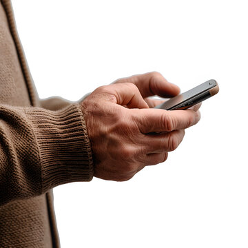 A close-up of a trader's hand holding a mobile device for 2fa authentication isolated on white background, realistic, png
