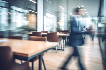 Fototapeta na wymiar Blurred Businessperson Walking in a Modern Office