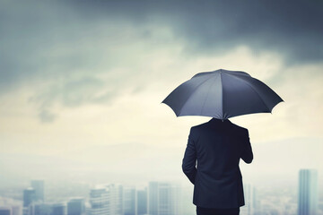 Back view of unrecognizable Businessman with Umbrella Overlooking Cityscape on Cloudy Day