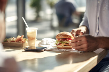 unrecognizable person Enjoying a Fresh Burger at a Sunlit Table with a Drink and Smartphone