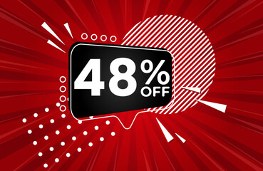 48% off. Red banner with 48 percent discount on a black balloon for mega big sales. 48% sale