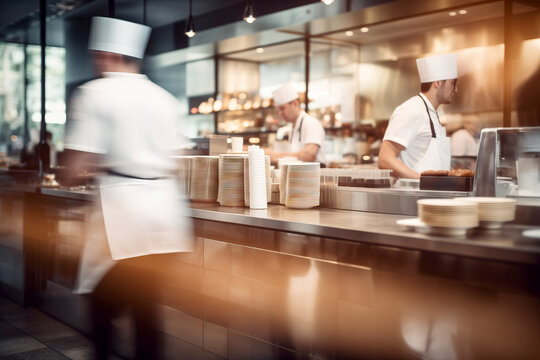 Blurred Motion of Professional Chefs Working in a Busy Restaurant Kitchen