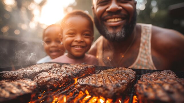 A Man and Two Children Cooking Hamburgers on a Grill