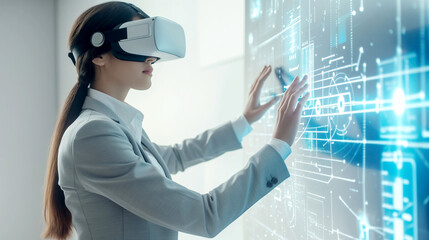 Female Executive Exploring Data Analytics with Virtual Reality Headset Interacting with a Virtual Interface in modern office