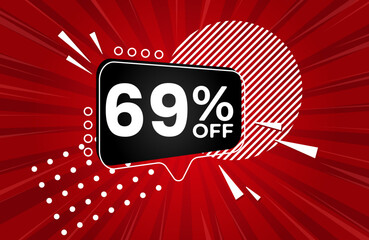 69% off. Red banner with 69 percent discount on a black balloon for mega big sales. 69% sale
