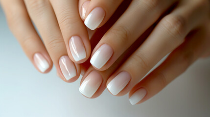 close up of Elegant Soft Pink French Manicure on Beautiful Female Hands