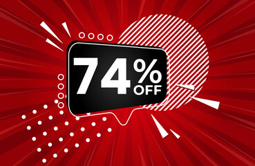 74% off. Red banner with 74 percent discount on a black balloon for mega big sales. 74% sale
