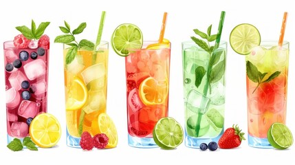 Set of multicolored summer drinks. Lemonade, berry, strawberry lemonade or cocktail with iced