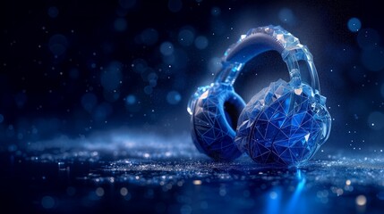 Shimmering Blue Digital Headphones on a Reflective Surface