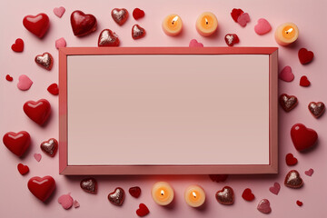 Valentine's Day background. Gifts, candle, confetti, envelope on pink background, text area