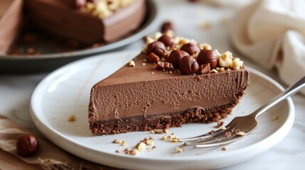 Dark chocolate and hazelnut mousse pie on a white plate with a fork  - obrazy, fototapety, plakaty