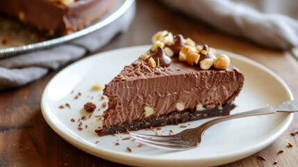 Dark chocolate and hazelnut mousse pie on a white plate with a fork 