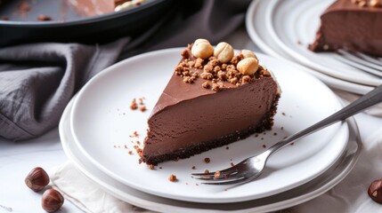 Dark chocolate and hazelnut mousse pie on a white plate with a fork 