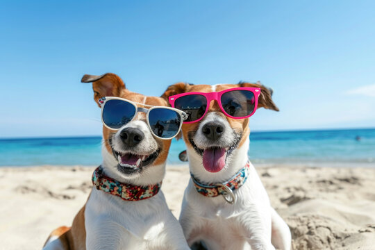 Two dogs are taking selfies on a beach earing sunglasses, sunny day with blue water.