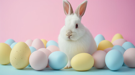 Fototapeta na wymiar Cute bunny with colorful eggs on plain background. Easter background.