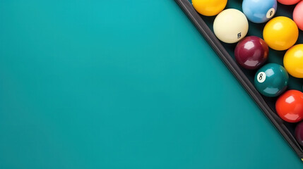 Top view of pool billiards snooker balls on green table with setup position ready for break.