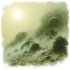 Misty Alien Landscape with Distant Planets