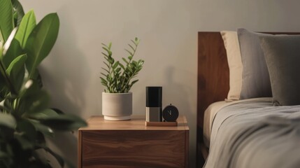 Minimalist bedside table with green houseplant.