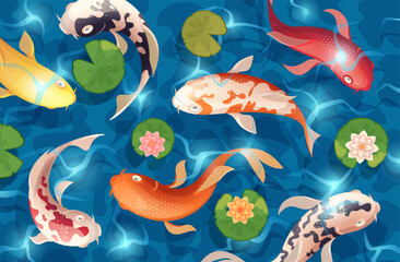 Koi fish background. Water swimming animals in cartoon style exact vector asian fishes template