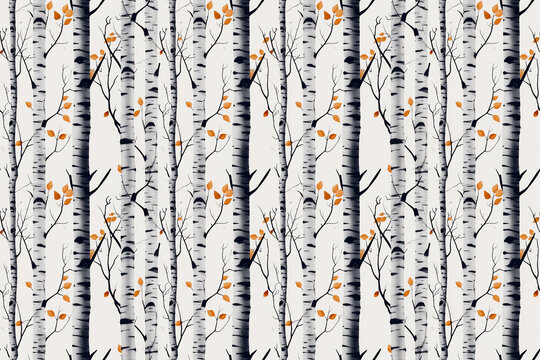 Illustrated birch tree seamless pattern with autumn leaves