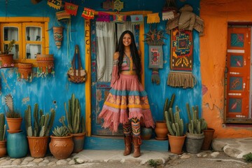 Fototapeta premium Traditional Mexican Fashion in Colourful Setting. Woman in traditional attire against a bright cultural wall.