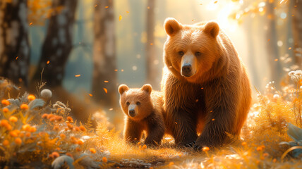 Summer Walk - Mother Bear and Cub on Forest Path