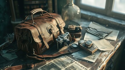 A vintage-inspired travel scene with a classic camera, leather duffel bag, and old photographs spread on a wooden table. - obrazy, fototapety, plakaty