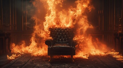 A dramatic scene with a single chair engulfed in flames inside a vintage room - obrazy, fototapety, plakaty