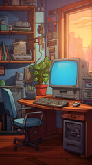 Vintage cartoon computer, pc, desktop pc, desk computer, old tech