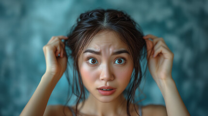 Half Asian woman pulling her hair, trichotillomania hair pulling disorder, looking agitated and upset, anxiety and OCD
