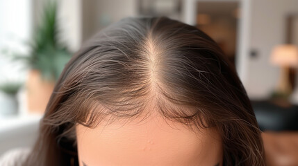 Close up of a woman's forehead with thin hair and baby hair regrowth, trichotollomania, alopecia or chemotherapy, dark hair with middle parting