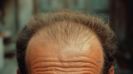 Close up of male androgenetic alopecia, inlets showing bald top of head, hair loss and hair thinning due to aging, brown hair and wrinkles