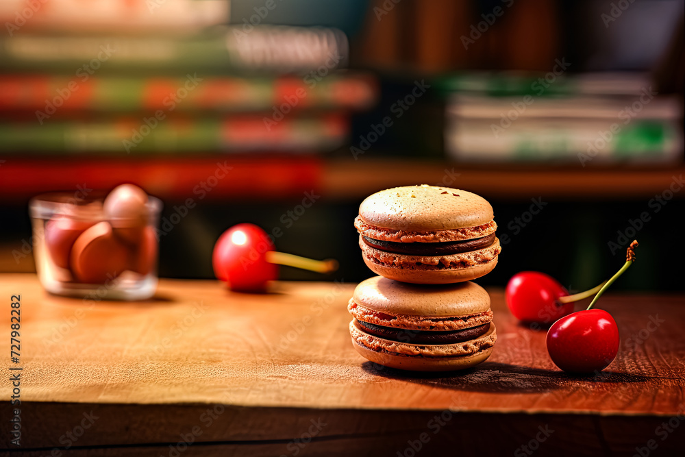 Poster elevate your senses with a colorful array of macarons on a charming wooden table. ideal for culinary