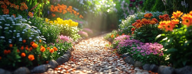 An enchanting path winds through a vibrant garden filled with blooming flowers and lush plants, inviting you to explore the wonders of nature in this stunning outdoor oasis
