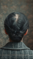 Braiding in a woman with dark hair, scalp is visible in hair parting on top of head due to the onset of aging, trichotillomania or alopecia