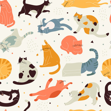 Cats pattern. Domestic animals kitten background recent vector seamless pattern for textile design projects
