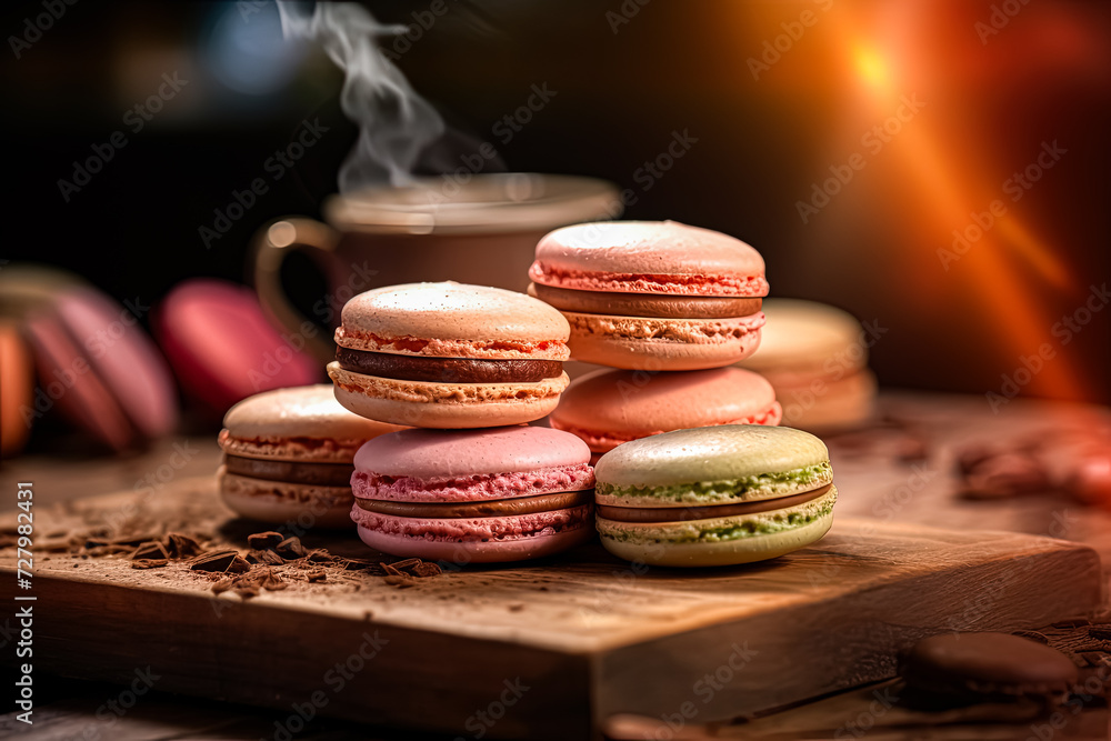 Aufkleber elevate your senses with a colorful array of macarons on a charming wooden table. ideal for culinary