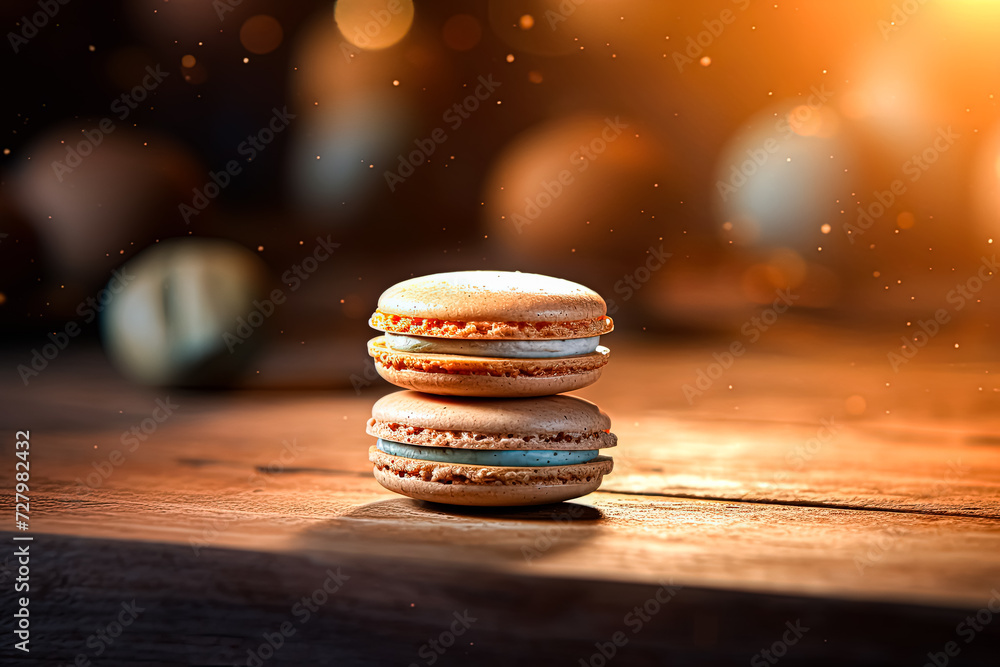 Poster elevate your senses with a colorful array of macarons on a charming wooden table. ideal for culinary
