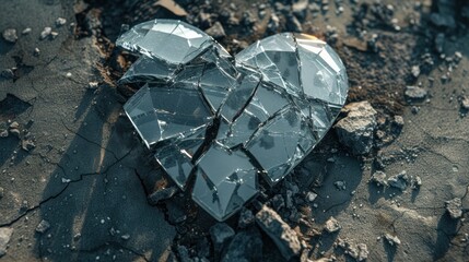 Broken glass heart on surface heartbreak concept
