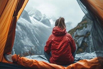 A lone woman braves the cold winter in her red tent, gazing out at the vast expanse of snow-capped mountains, lost in thoughts of adventure and the beauty of the great outdoors