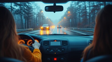 Woman Driving Car Down Rain-Soaked Road - obrazy, fototapety, plakaty