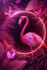 Fototapeta premium Neon Pink Tones Encircle an Empty Center, Featuring Pink Flamingo and Leaves for a Vibrant Composition