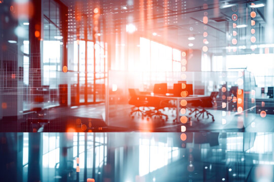 Modern open space office interior blurred with information technology overlay. Finances.