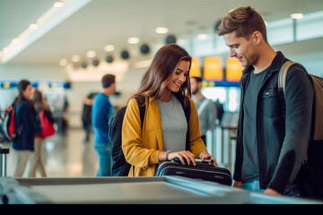 a young couple at Los Angeles Airport terminal, they are both at the check in counter and turning in their luggage to the airline employee.
